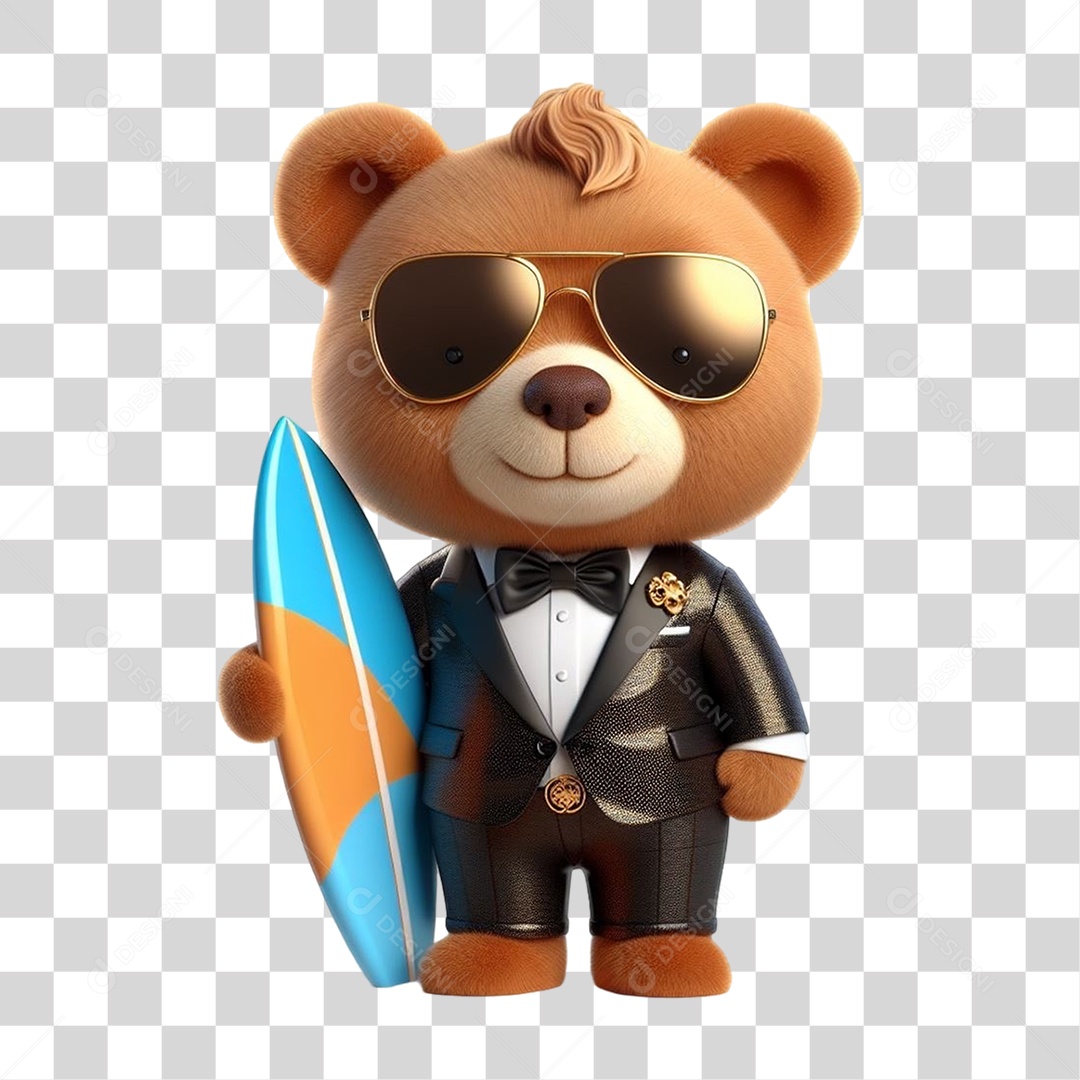 Mascote Urso com Fantasias Prancha de Surf PNG Transparente