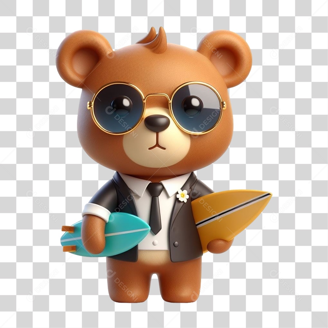 Mascote Urso com Fantasias Prancha de Surf PNG Transparente