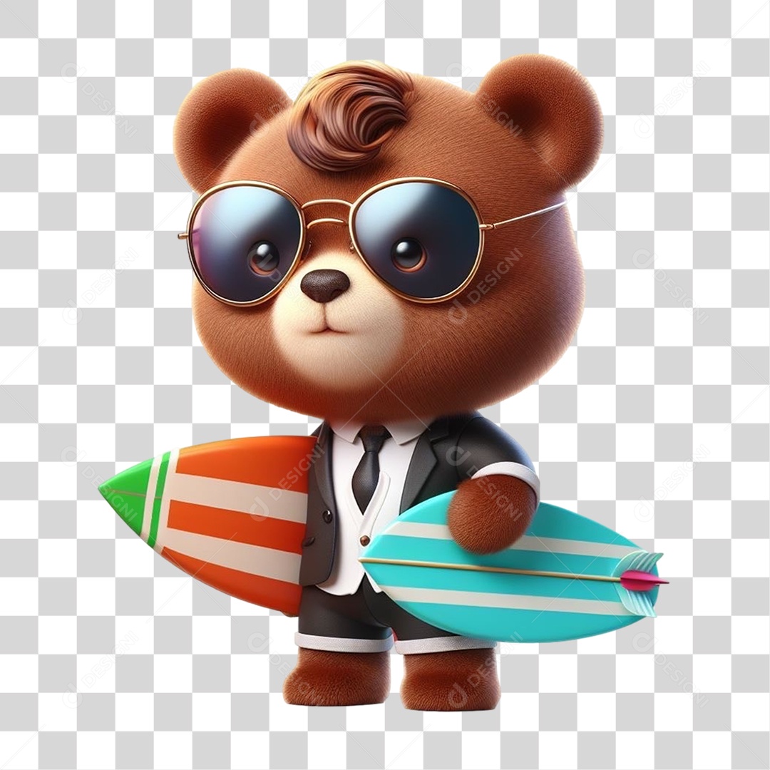 Mascote Urso com Fantasias Prancha de Surf PNG Transparente