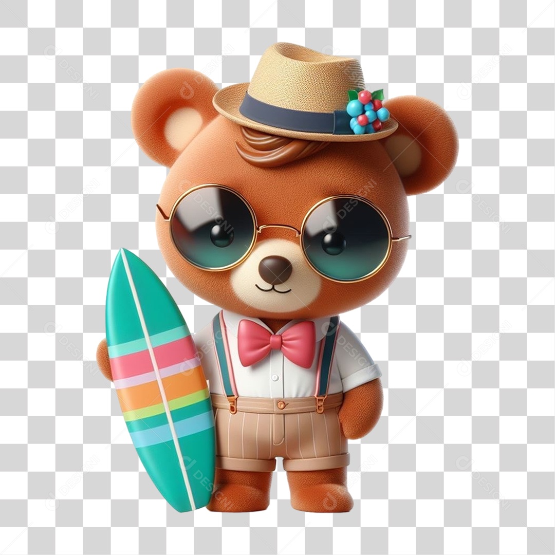 Mascote Urso com Fantasias Prancha de Surf PNG Transparente