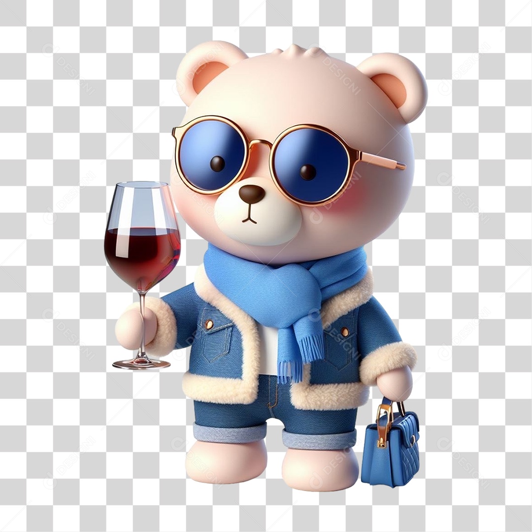 Bear Mascot with Costumes Holding a Transparent PNG Wine Glass
