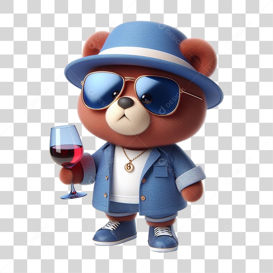 Mascote Urso com Fantasias Segurando uma Taça de Vinho PNG Transparente