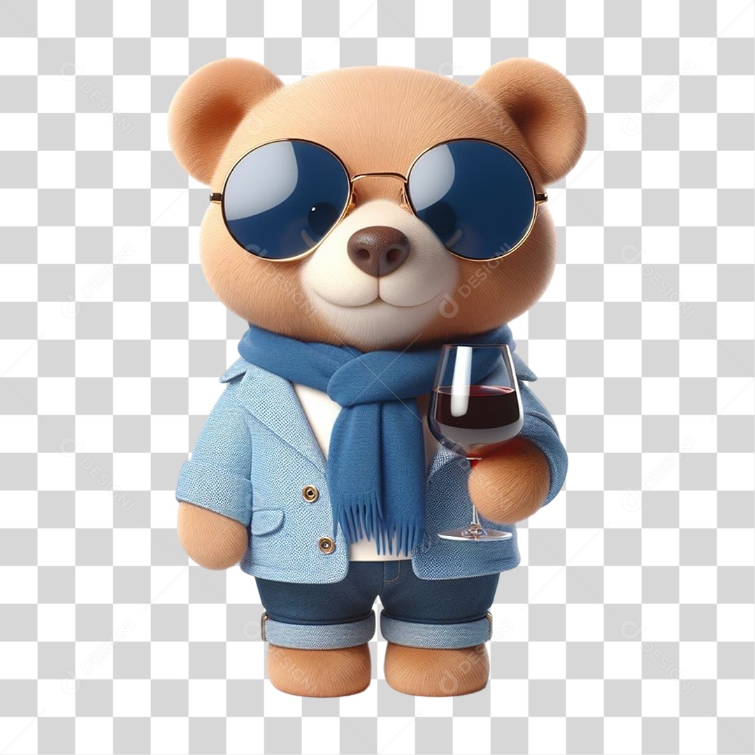 Mascote Urso com Fantasias Segurando uma Taça de Vinho PNG Transparente
