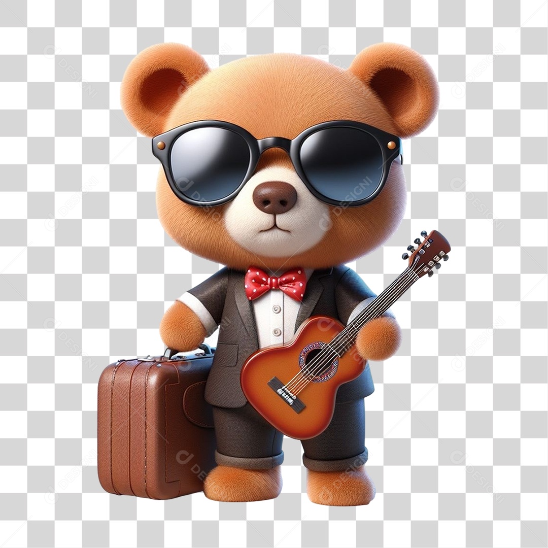 Mascote Urso com Fantasias e Violão PNG Transparente