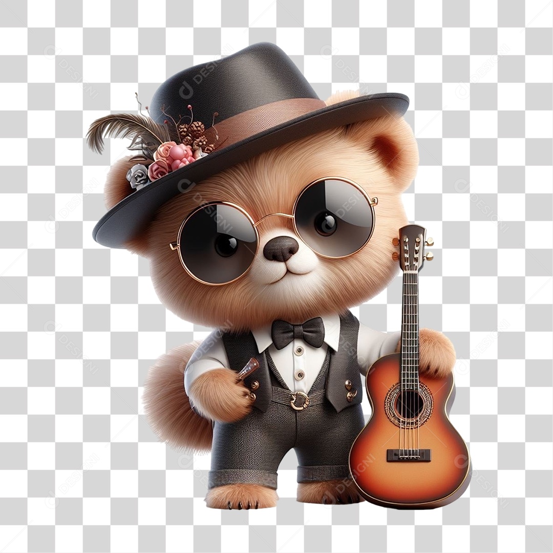 Mascote Urso com Fantasias e Violão PNG Transparente