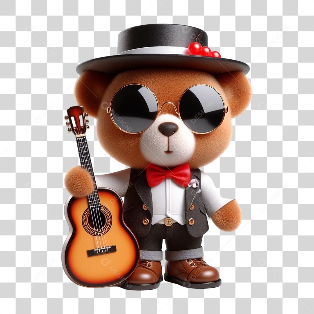 Mascote Urso com Fantasias e Violão PNG Transparente