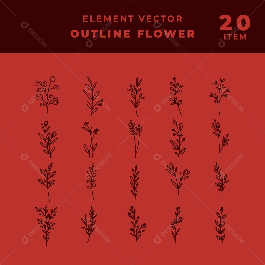 Conjunto de 20 Desenhos de Flores Vetor EPS