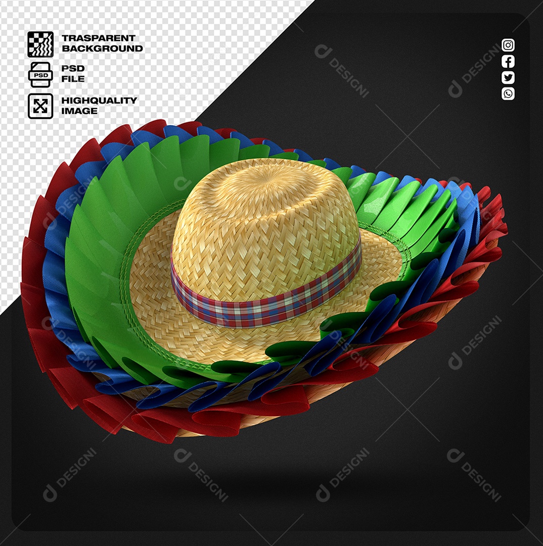 Chapéu de Palha com Detalhes Colorido Elemento 3D de São João para Composição PSD