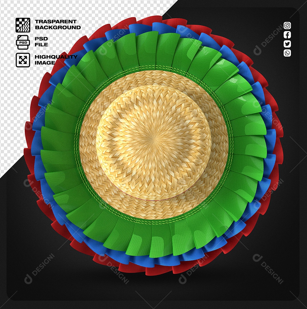 Elemento 3D Chapéu de Palha com Detalhes Colorido de São João para Composição PSD
