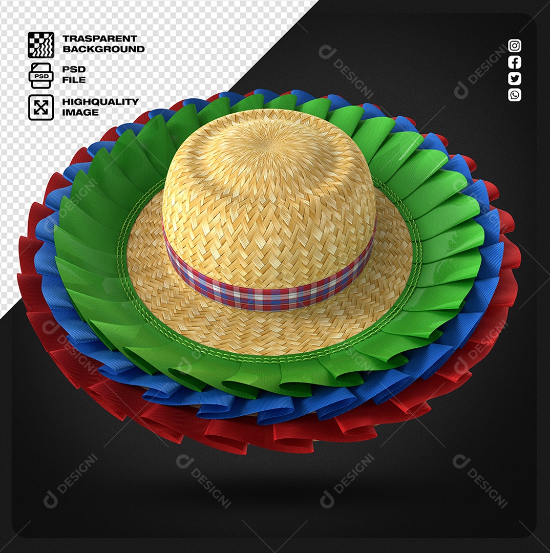 Chapéu de Palha com Detalhes Colorido Elemento 3D de São João para Composição PSD