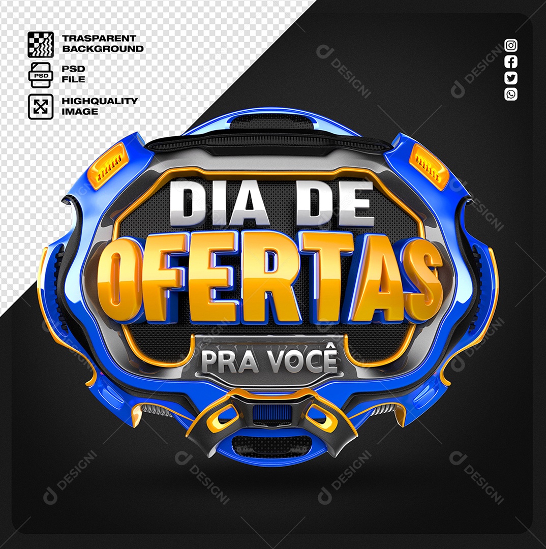Dia de Ofertas Pra Você Selo 3D Azul Amarelo e Cinza para Composição PSD