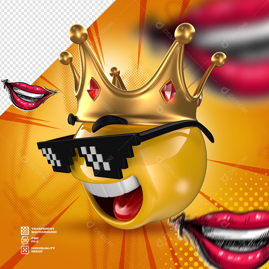 Emoji Feliz com Coroa e Óculos Visto de Lado Elemento 3D para Composição PSD