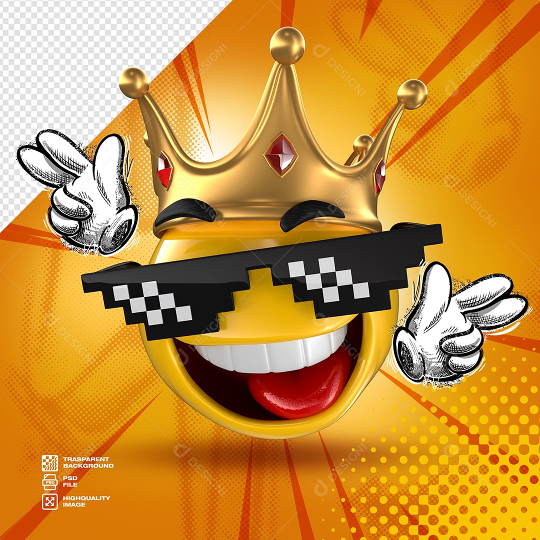 Emoji Feliz com Coroa e Óculos Fazendo Sinal de Paz e Amor Elemento 3D para Composição PSD