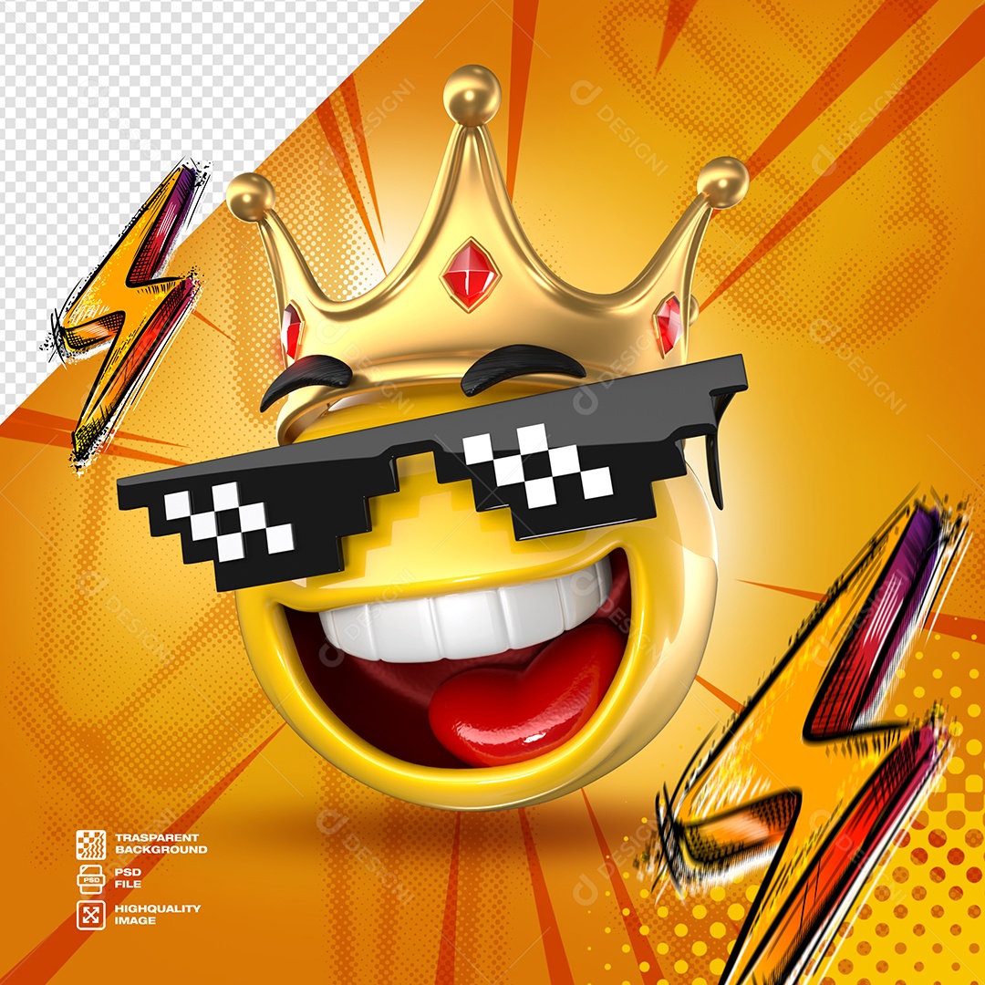 Emoji Feliz com Coroa e Óculos Elemento 3D para Composição PSD