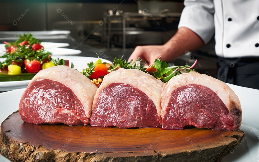 Picanha crua e salada sobre bancada