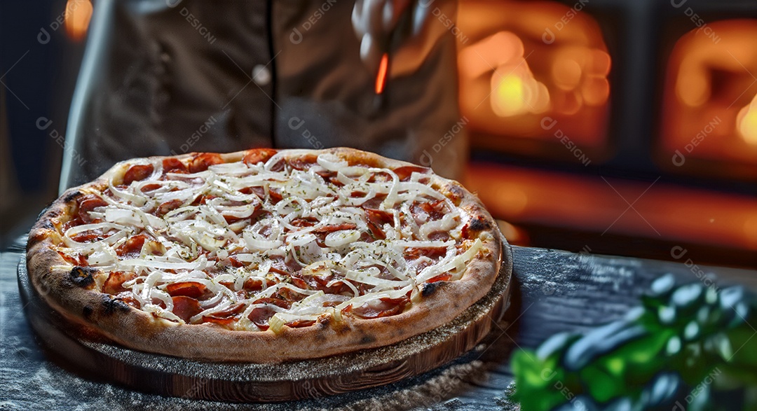 Pizza peperoni acebolada