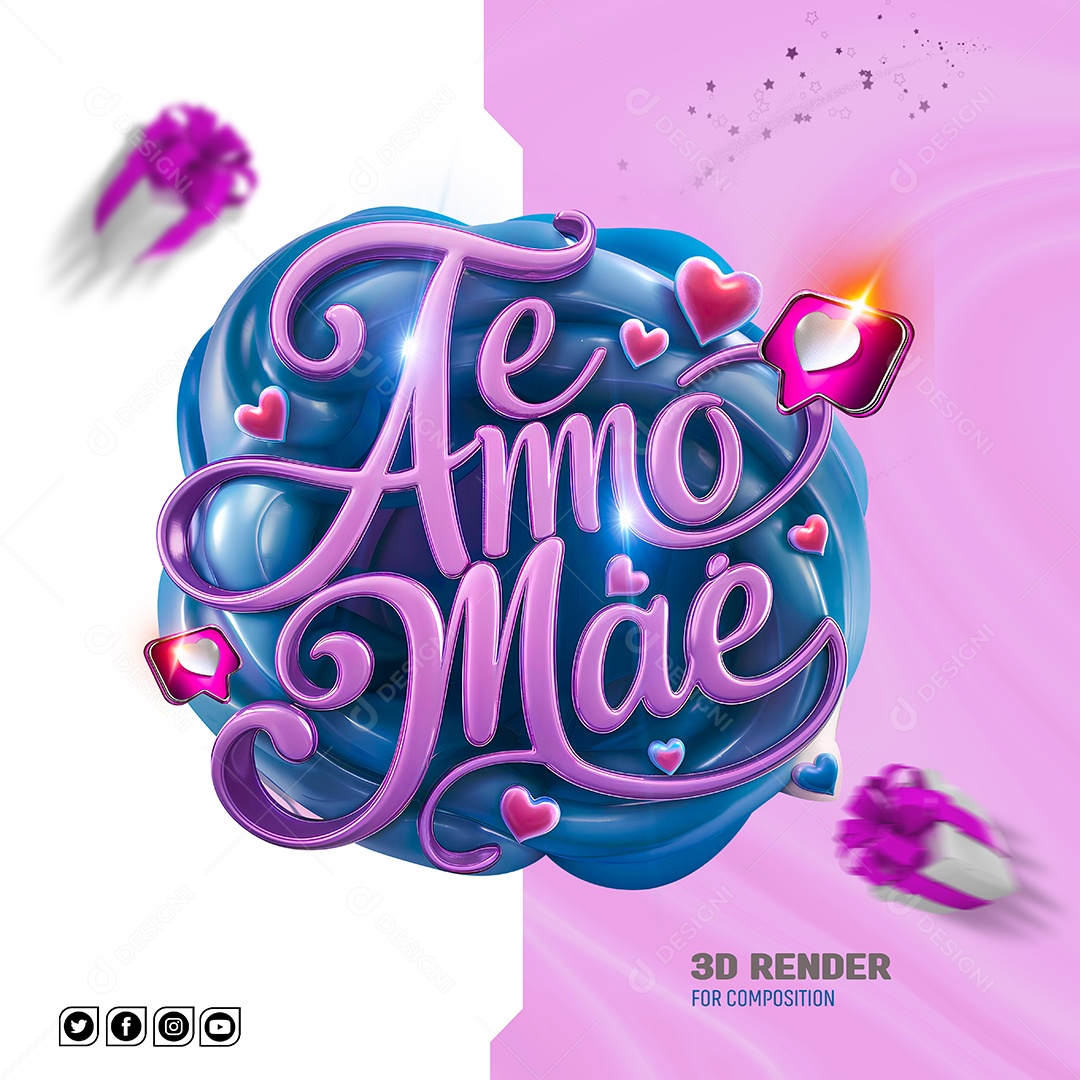 Te Amo Mãe Selo 3D Roxo para Composição PSD