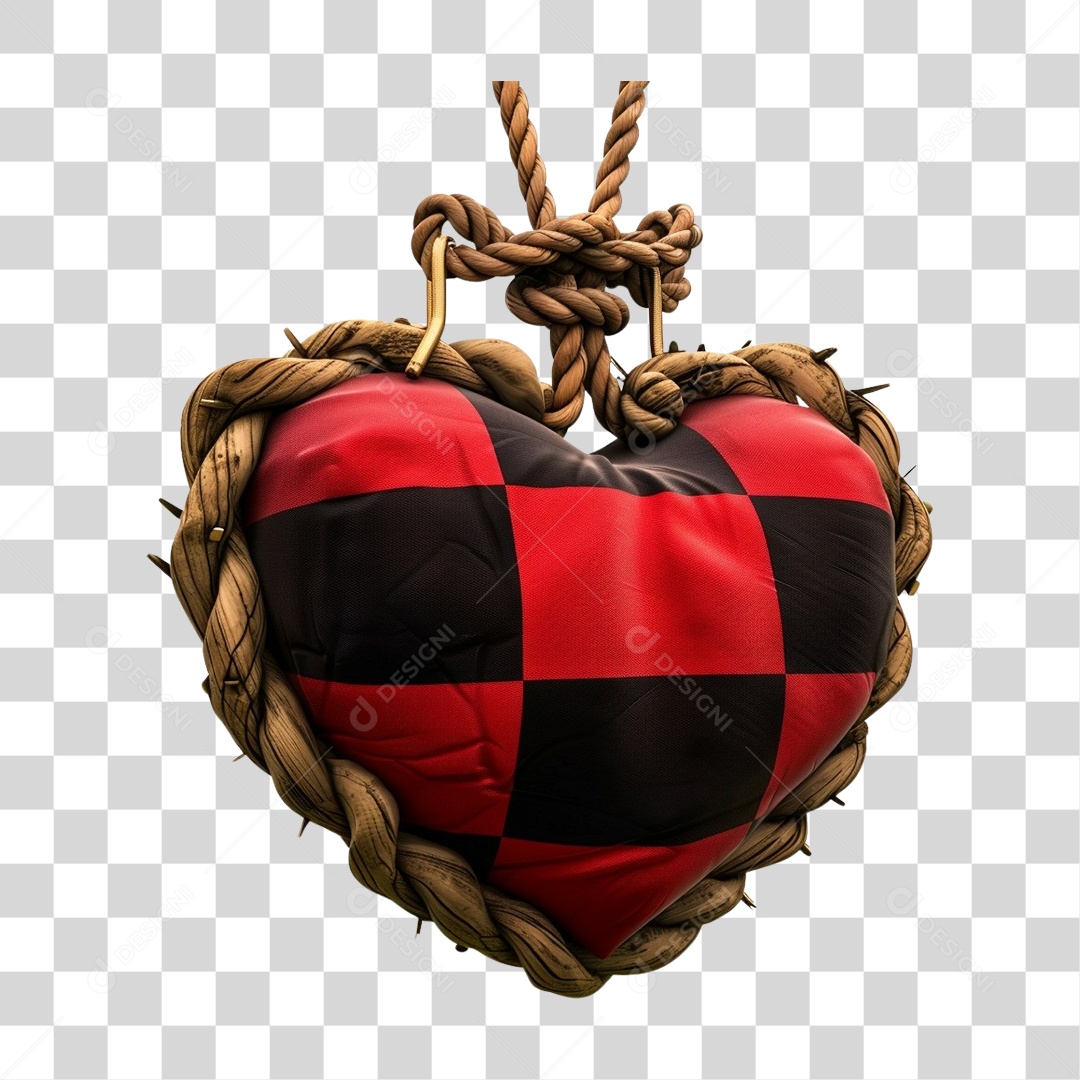 Elemento 3D Decoração Placa Coração Xadrez para Festa Junina São João PNG Transparente