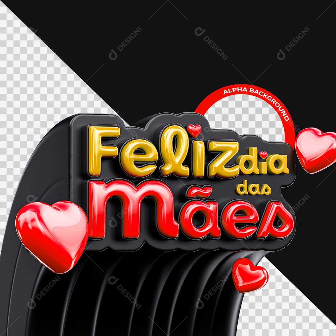 Feliz Dia das Mães Selo 3D Amarelo Preto e Vermelho para Composição PSD