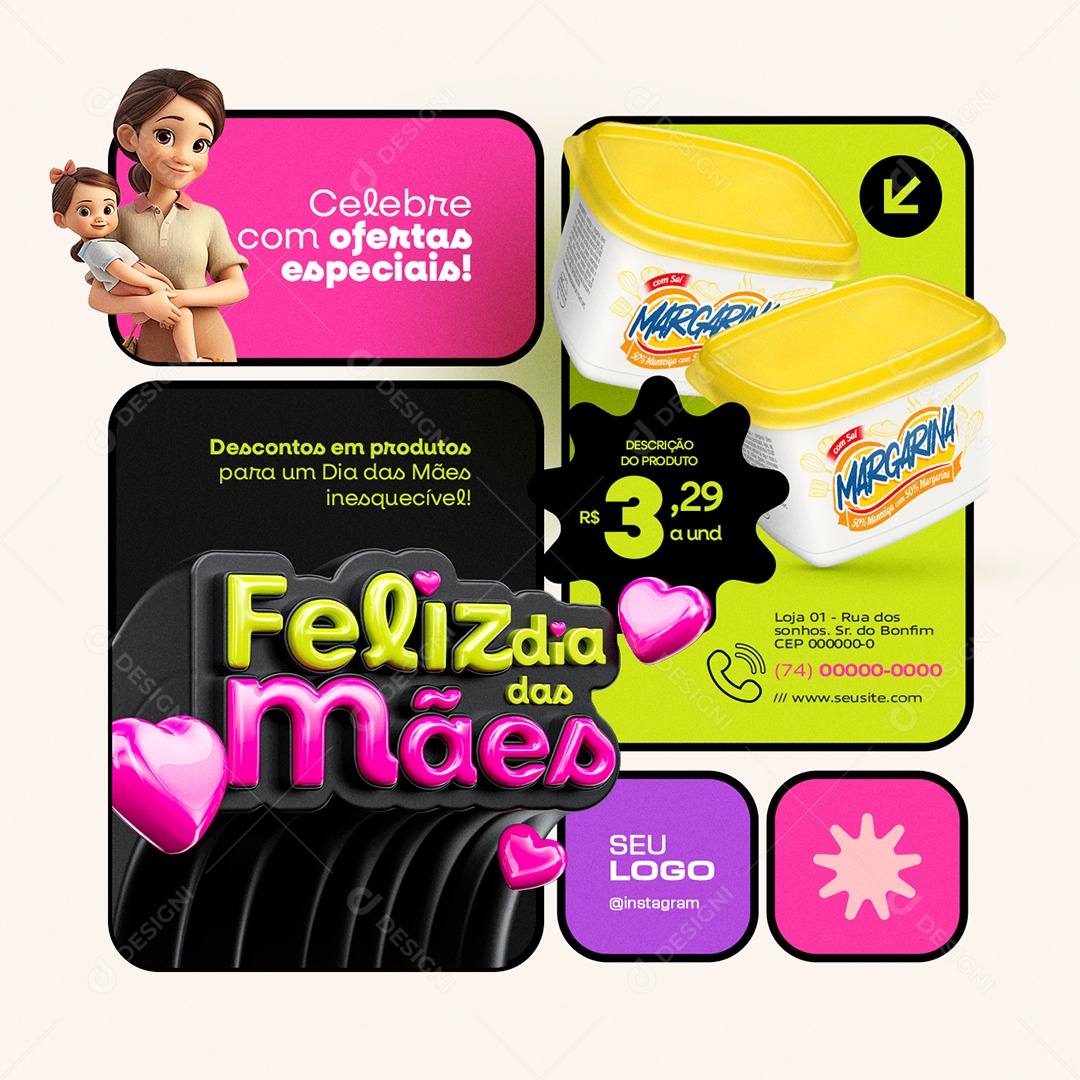 Feliz Dia das Mães Supermercado Margarina Ofertas Especiais Social Media PSD Editável