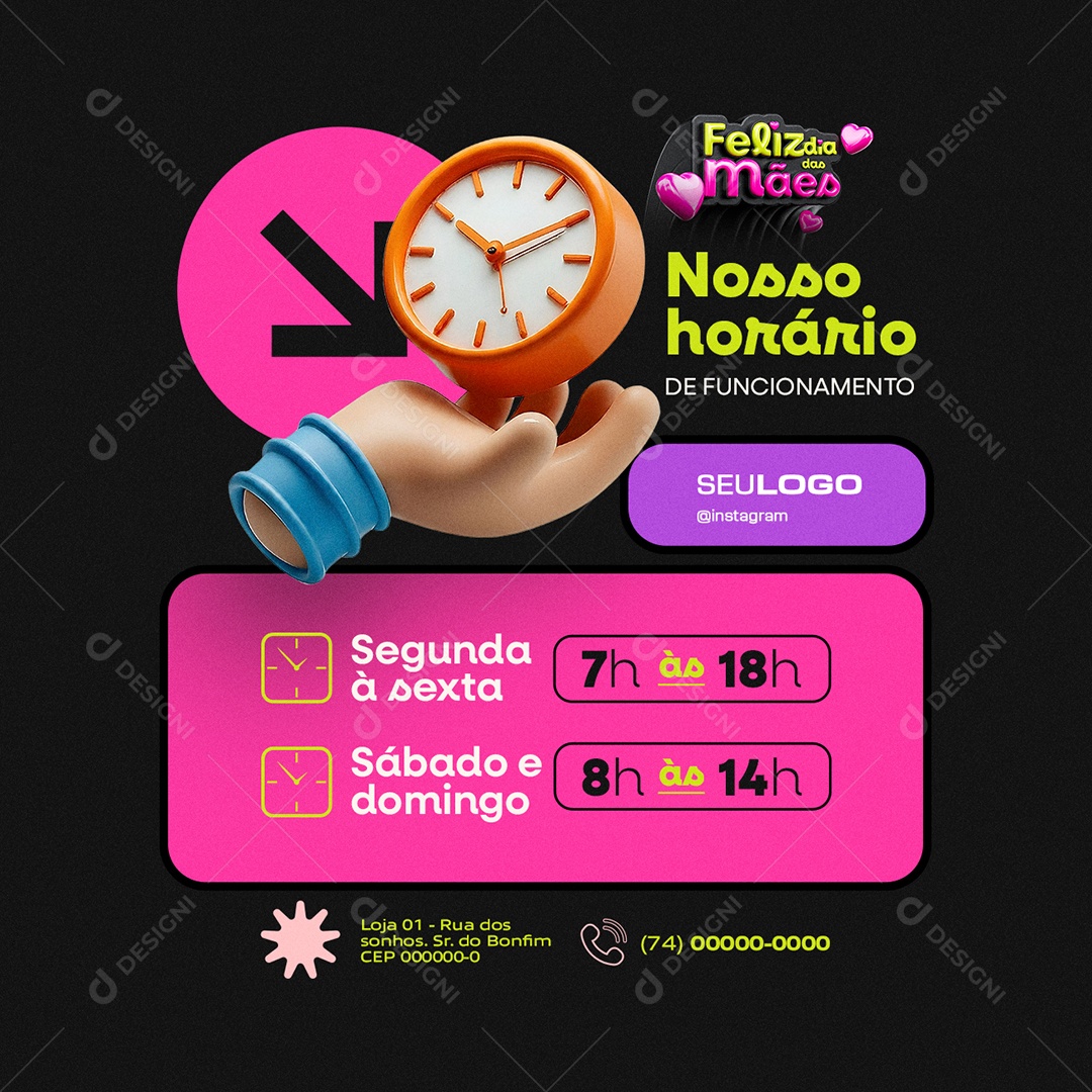 Feliz Dia das Mães Supermercado Nosso Horário de Funcionamento Social Media PSD Editável