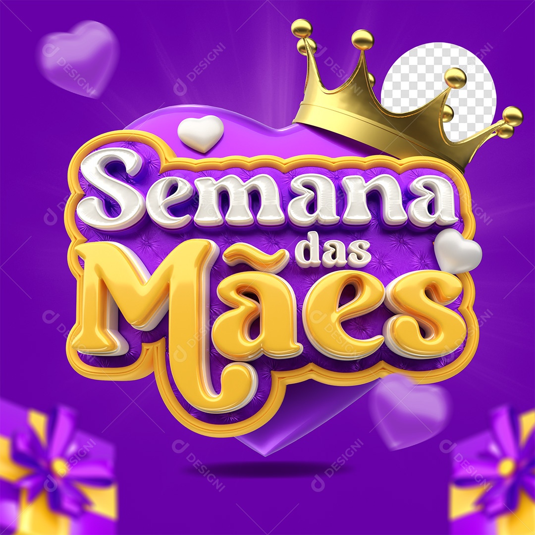 Selo 3D Semana Das Mães Roxo e Amarelo para Composição PSD