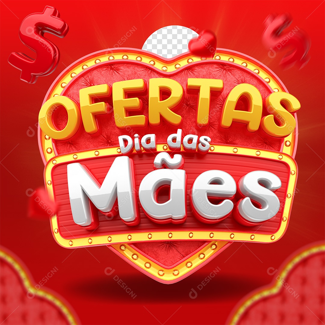Ofertas Dia das Mães Selo 3D Amarelo e Vermelho para Composição PSD