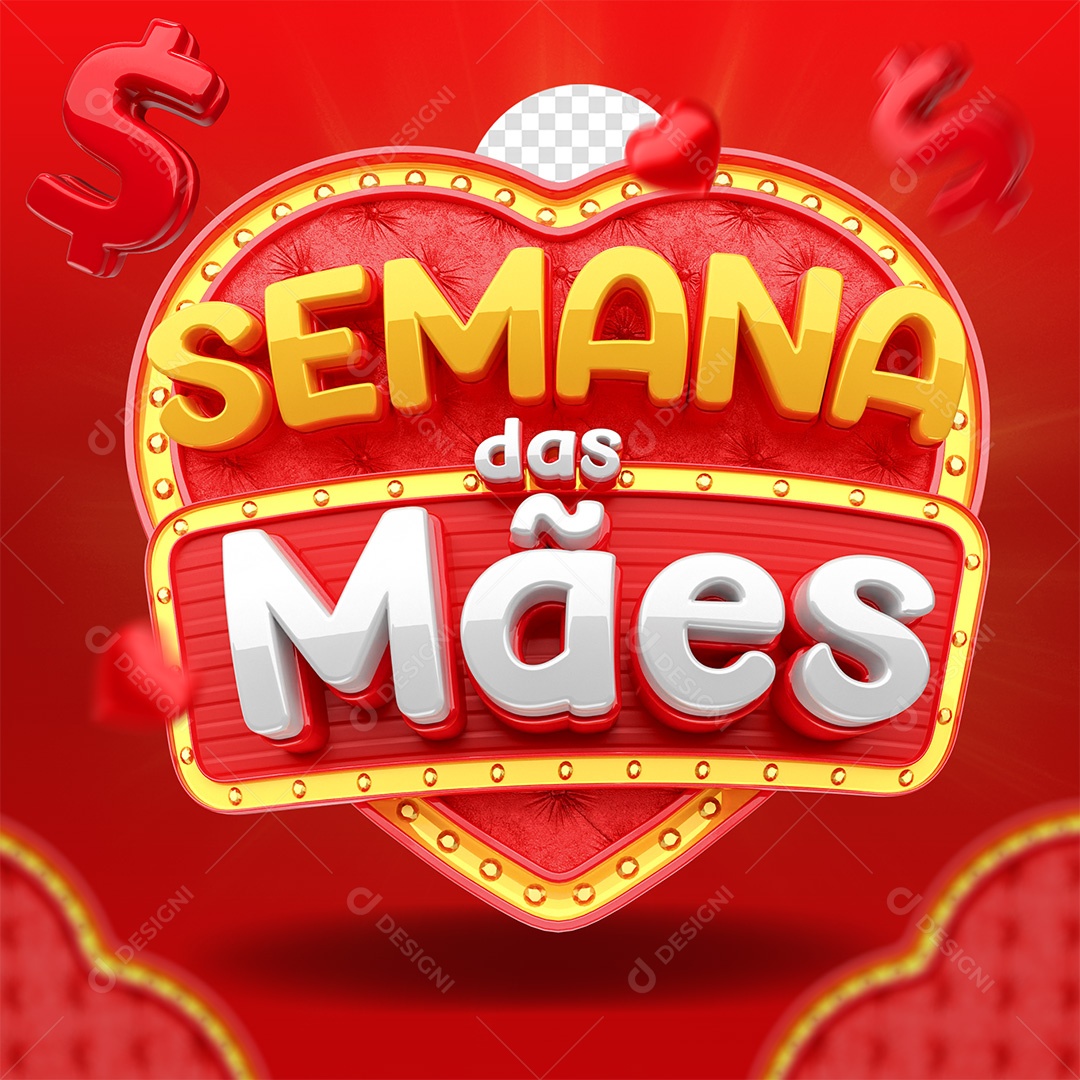 Semana Das Mães Selo 3D Amarelo e Vermelho para Composição PSD