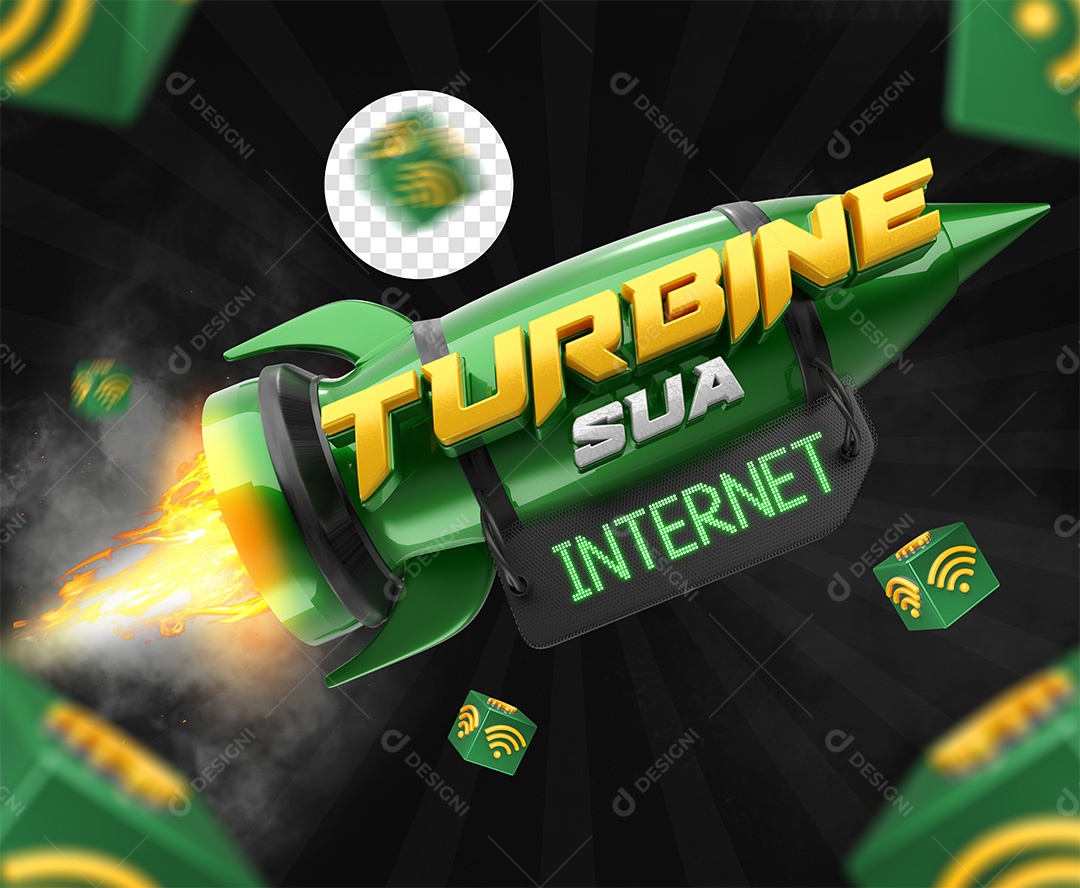 Turbine Sua Internet Selo 3D Amarelo e Verde para Composição PSD