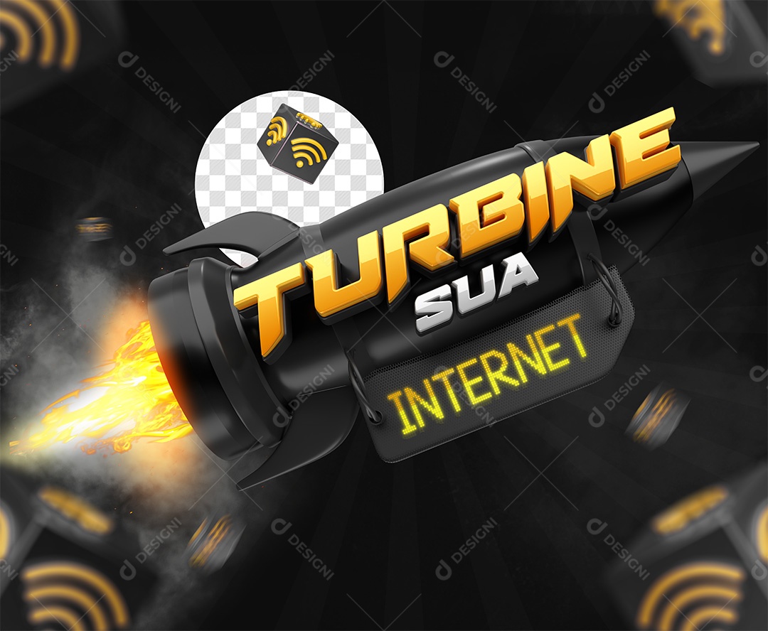 Turbine Sua Internet Selo 3D Amarelo e Preto para Composição PSD