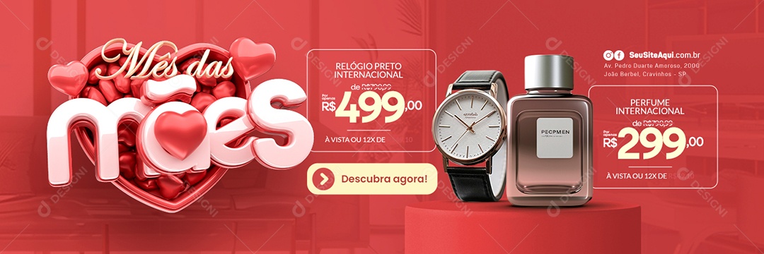 Banner Mês das Mães Relógio Preto Perfume Internacional Social Media PSD Editável