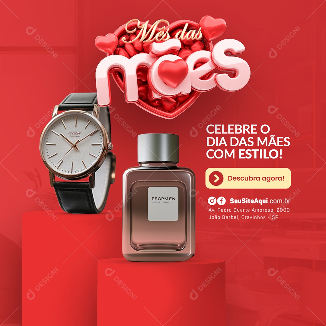 Mês das Mães Relógio Perfume Celebre o Dia das Mães Social Media PSD Editável