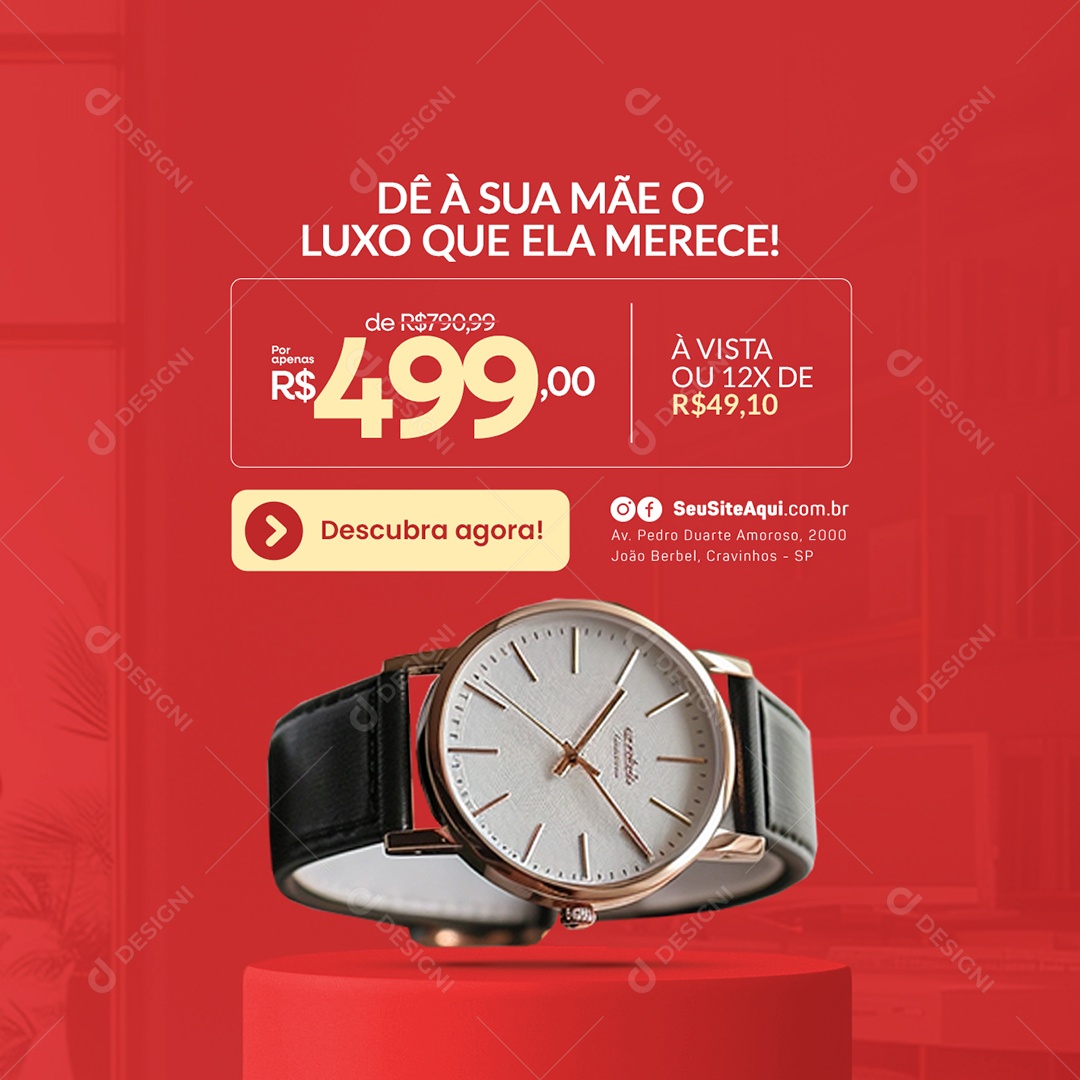 Mês das Mães Relógio Dê à Sua Mãe o Luxo Que Ela Merece Social Media PSD Editável