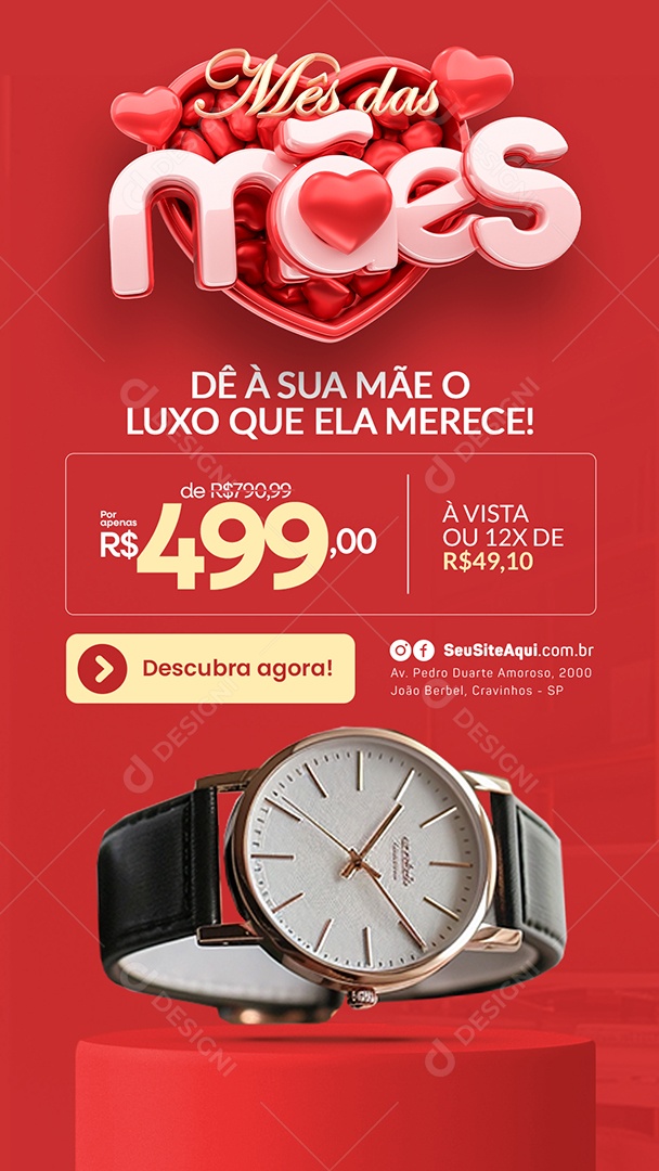 Story Mês das Mães Relógio Dê a sua Mãe o Luxo Que Ela Merece Social Media PSD Editável