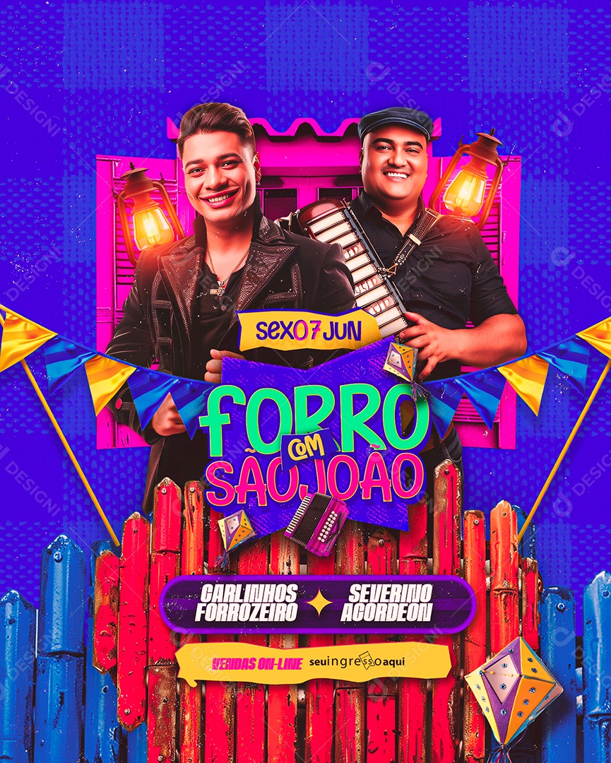 Flyer Forró com São João Carlinhos Forrozeiro Severino Acordeon Social Media PSD Editável