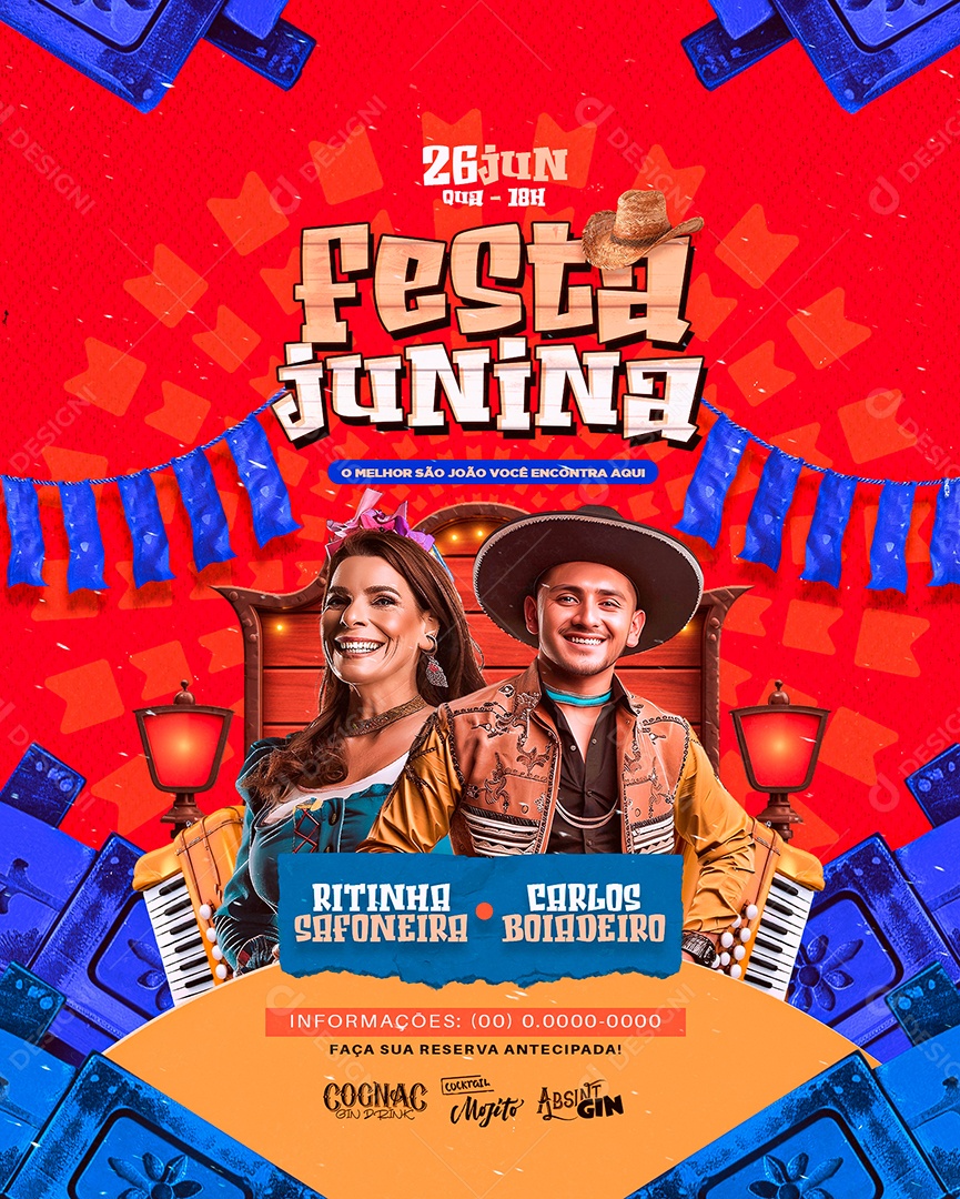 Flyer Festa Junina Ritinha Safoneira Carlos Boiadeiro Social Media PSD Editável