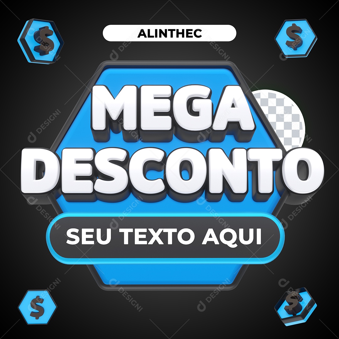 Mega Desconto Elemento 3D Azul e Branco para Composição PSD