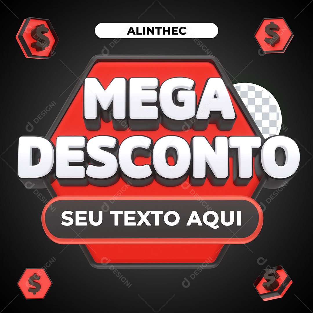 Mega Desconto Elemento 3D Vermelho e Branco para Composição PSD
