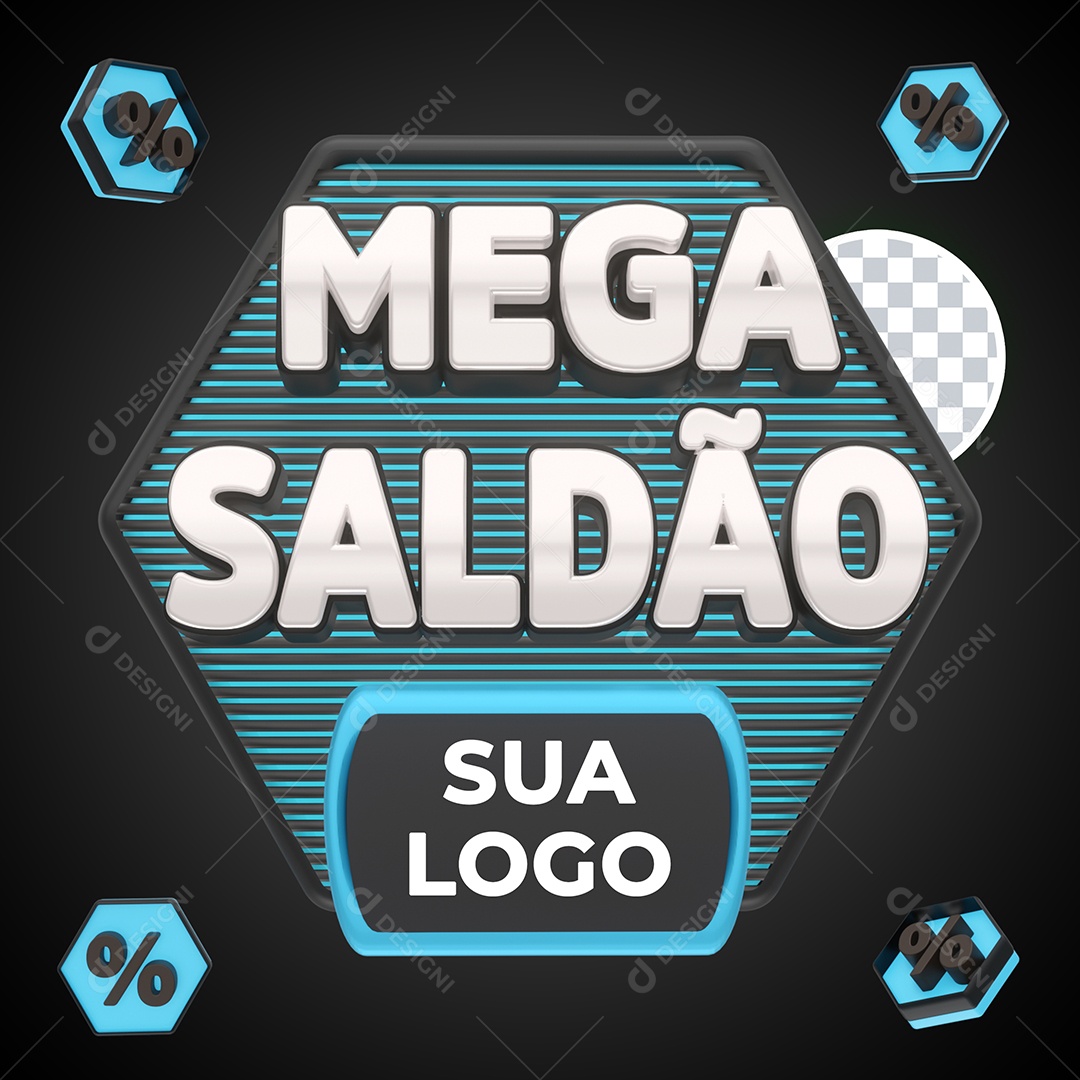 Mega Saldão Selo 3D Branco e Azul para Composição PSD