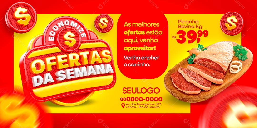 Banner Economize Ofertas da Semana Picanha Bovina Kg 39,99 Social Media PSD Editável