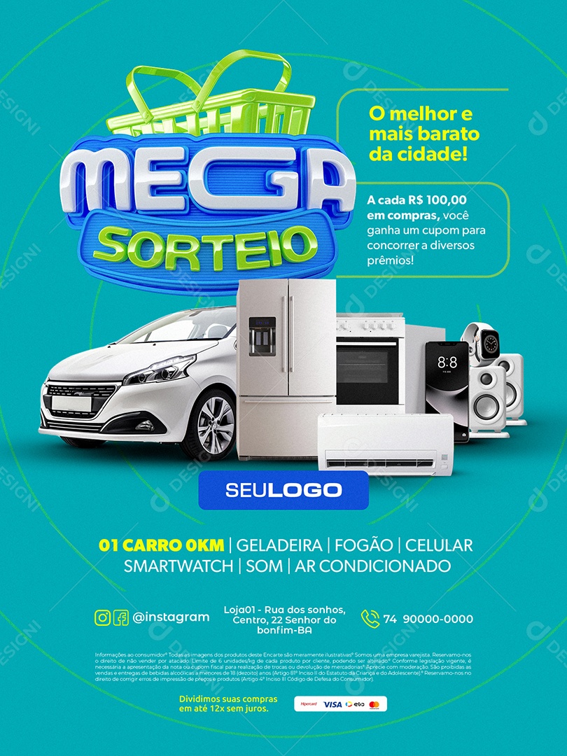 Mega Sorteio Encarte Prêmios Carro Geladeira Fogão  Social Media PSD Editável