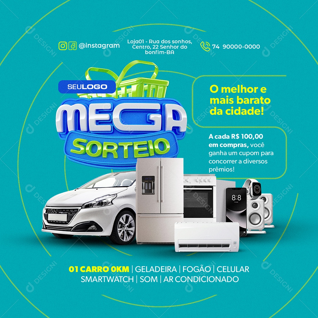 Mega Sorteio Prêmios Carro Geladeira Fogão Social Media PSD Editável