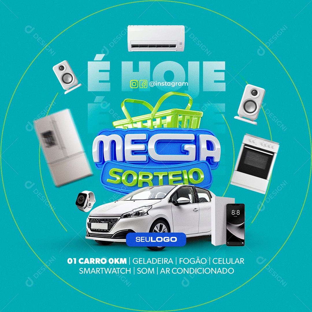 Mega Sorteio É Hoje Um Carro 0KM Geladeira Fogão Celular Social Media PSD Editável