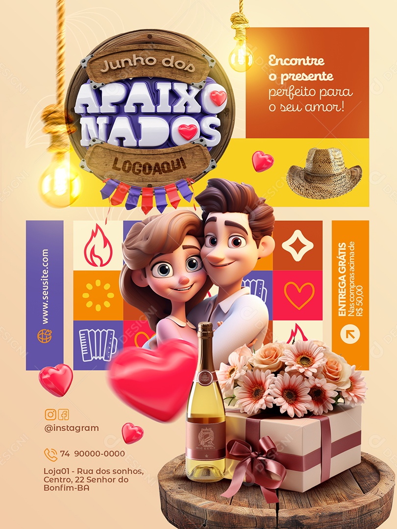 Junho dos Apaixonados Encarte Encontre o Presente Perfeito para Seu Amor Social Media PSD Editável