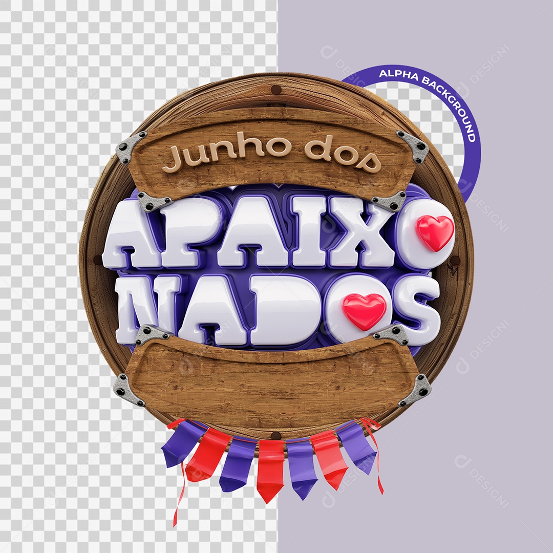 Junho dos Apaixonados Selo 3D Marrom Branco e Roxo para Composição PSD