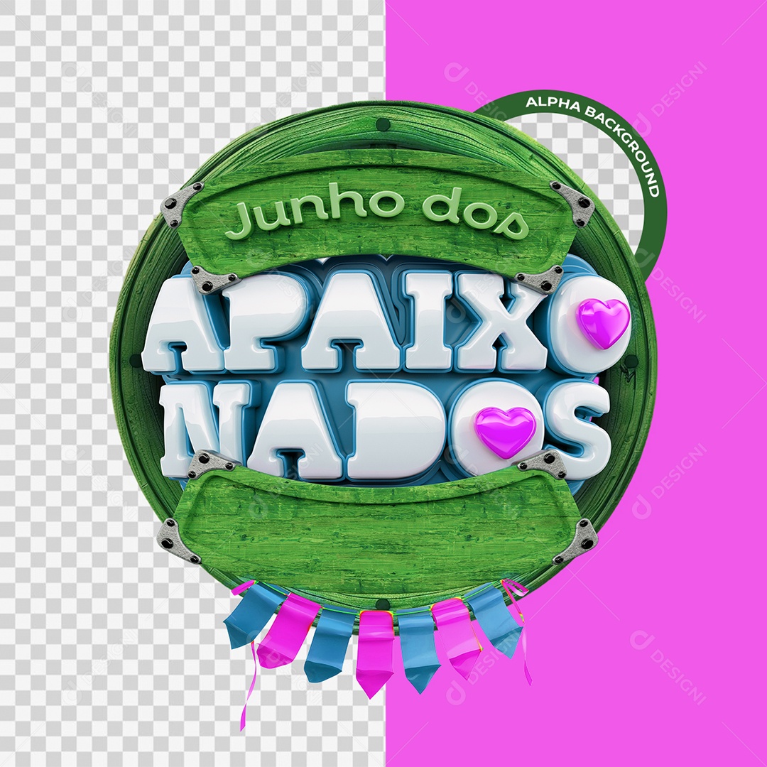 Junho dos Apaixonados Selo 3D Verde Branco e Azul para Composição PSD