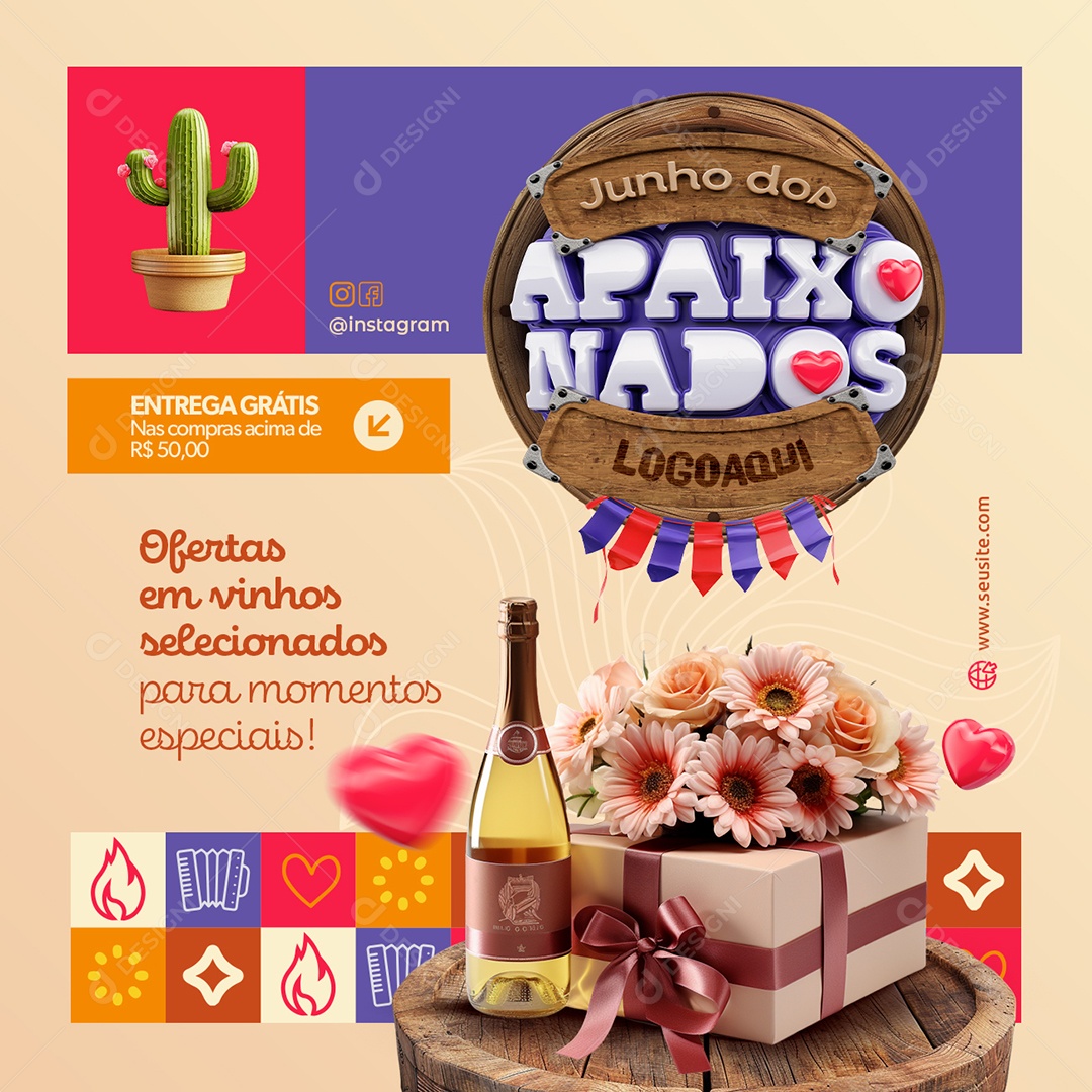 Junho dos Apaixonados Ofertas em Vinhos Relacionados Cesta Social Media PSD Editável