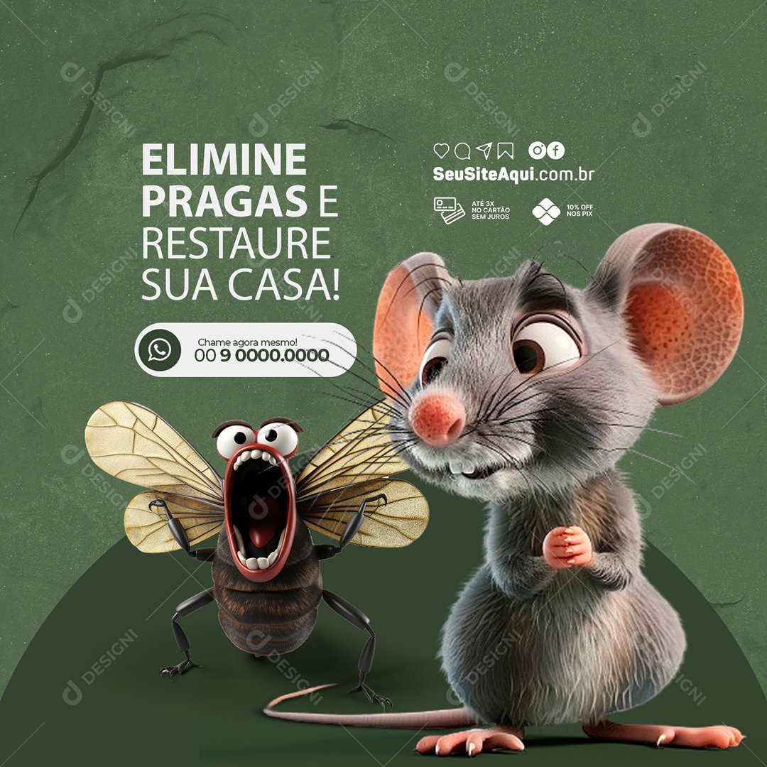 Dedetizadora Elimine Pragas e Restaure sua Casa Mosca Rato Social Media PSD Editável