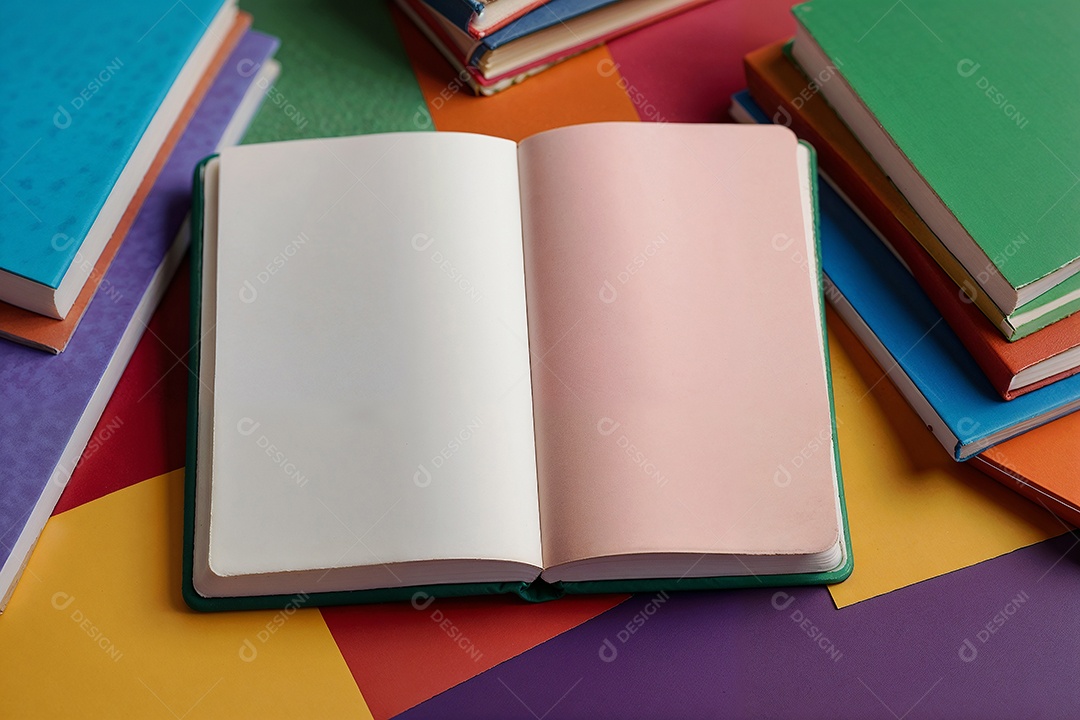 Caderno aberto em branco sobre fundo colorido