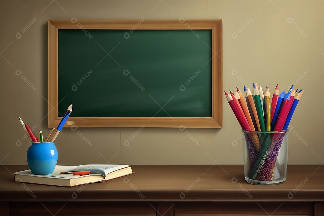 Quadro de professor em branco e lápis em cima da mesa